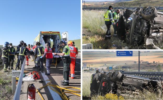 Herido un conductor al salirse de la vía y volcar en la mediana de la A-67 en Monzón de Campos
