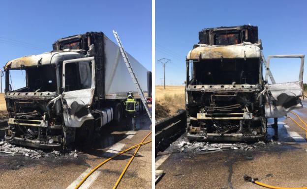 Vídeo: arde la cabina de un camión a cinco kilómetros de Medina de Rioseco