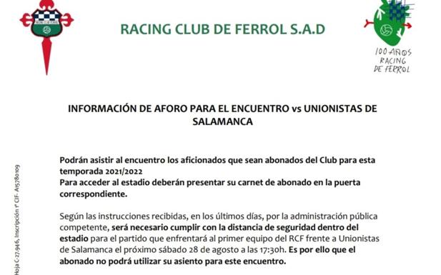 Solo los abonados del Racing de Ferrol podrán presenciar en A Malata el duelo ante Unionistas