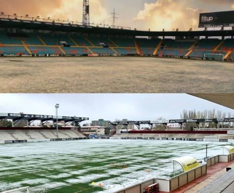 Estampa navideña del estadio Helmántico y el Reina Sofía blancos por la nevada