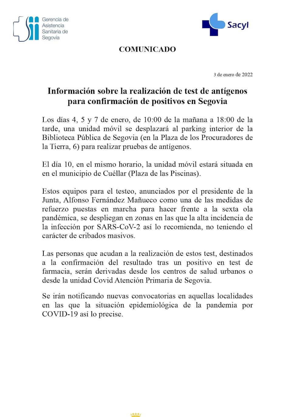 El anuncio realizado por la Gerencia de Segovia sobre la realización de test de antígenos vulnera la ley electoral