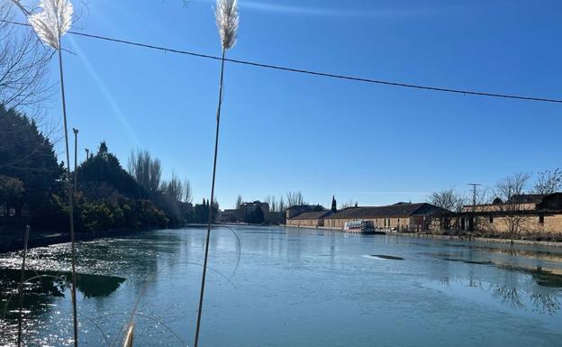 La dársena del Canal de Castilla de Rioseco se hiela por primera vez en este invierno