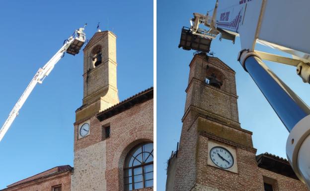 Retiran un nido de cigüeña en la Plaza Mayor de Olmedo por exceso de peso