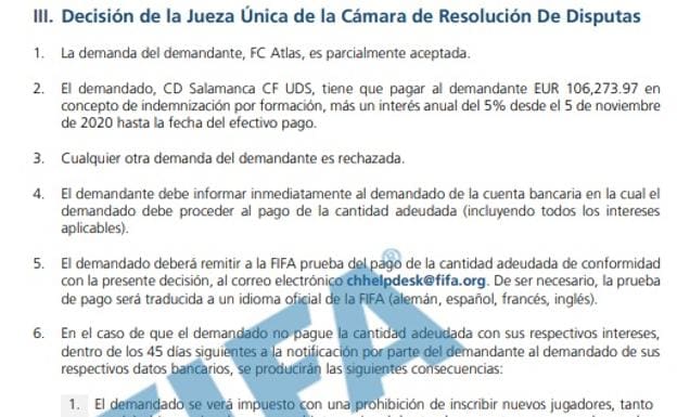 La FIFA condena al Salamanca UDS a pagar 106.273 euros al Atlas mexicano por Denilson Aldair Villa