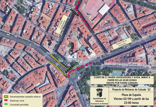 Cortes de tráfico y desvíos nocturnos el viernes en la Plaza de España y la Glorieta de Río Miño