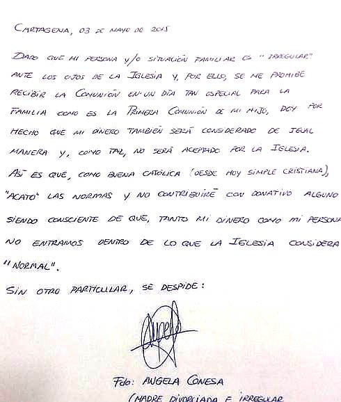 Una divorciada a la que no la dejaron comulgar escribe una original carta