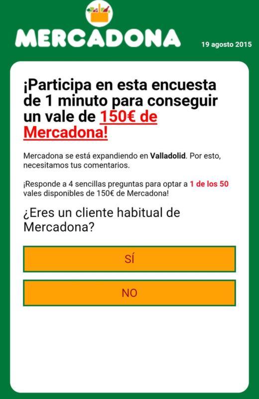 Una falsa encuesta de Mercadona ofrece 150 euros a sus participantes