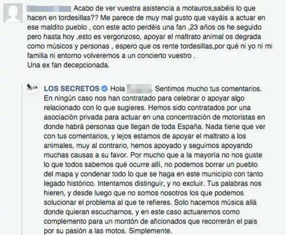 Los Secretos responden a una fan que les reprocha «apoyar el maltrato animal» por acudir a Motauros