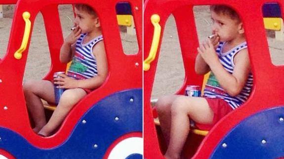 Pillan a un niño pequeño bebiendo y fumando en un parque