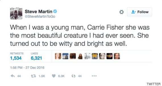 Steve Martin borra el tuit que dedicó a Carrie Fisher tras su fallecimiento