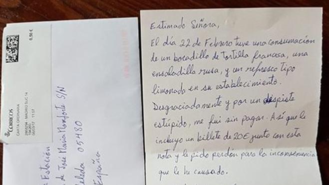 Un bar de Ávila recibe por correo 20 euros de un cliente que se fue sin pagar